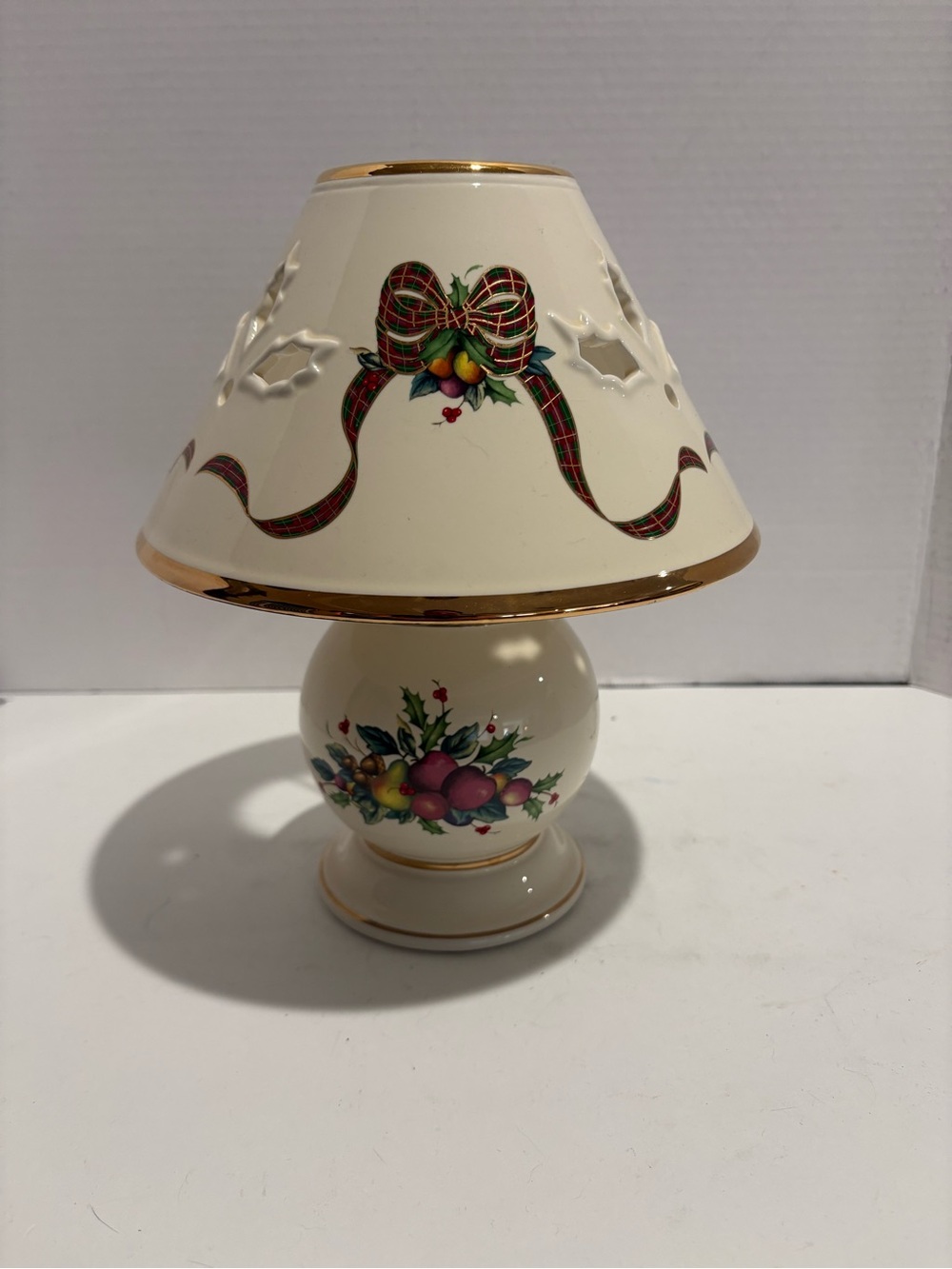 Lenox Cream Porcelain Table Lamp with Gold Trim and Multicolor Fruit Motif